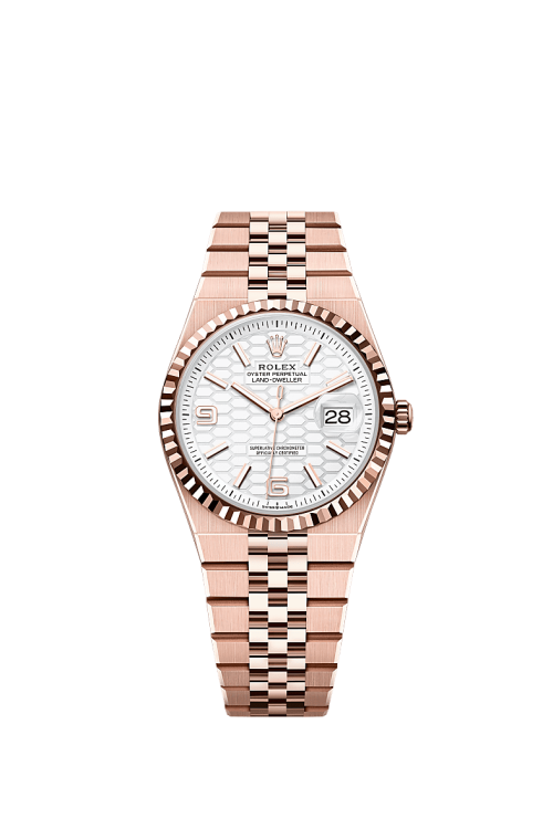 Rolex Land-Dweller 36 18k Everose Gold Intense white dial Fluted Flat Jubilee 127235-0001