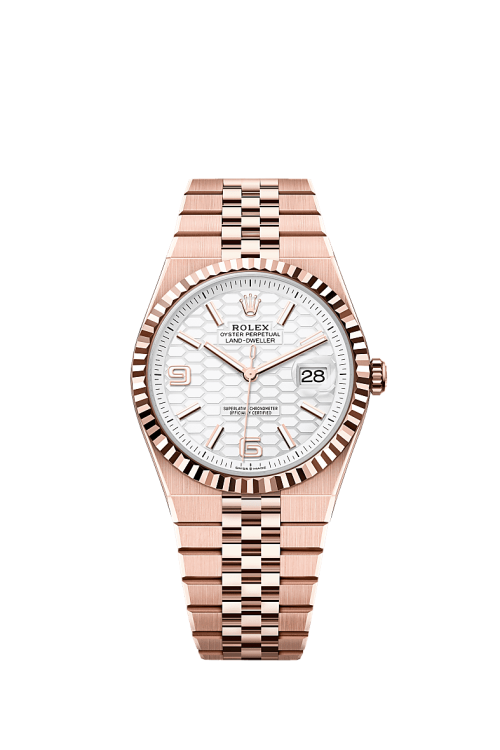 Rolex Land-Dweller 40 18k Everose Gold Intense white dial Fluted Flat Jubilee 127335-0001